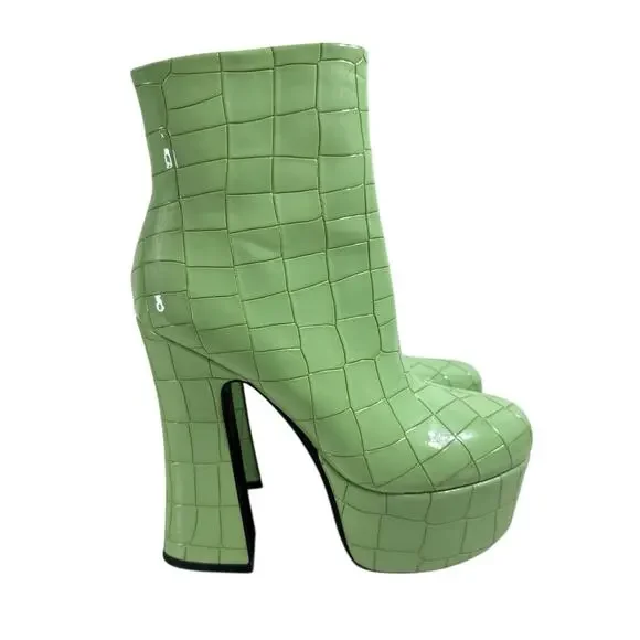 Azalea Wang Green Platform Chunky Booties Croc Embossed Size 8 - Picture 3 of 15